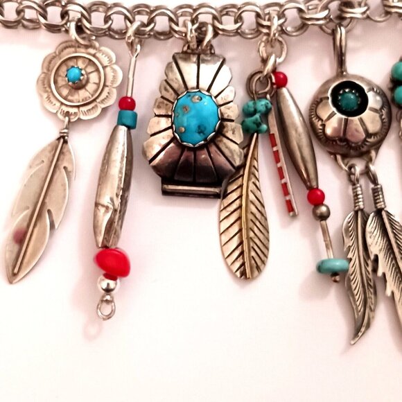 Handmade Artisan Native American Sterling Turquoise Coral Charm Necklace - Picture 5 of 8